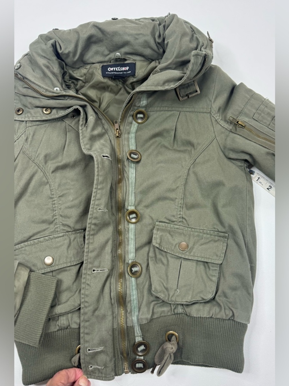 CoffeeShop Vintage Wash Utility Crop Bomber Roll Hood Jacket Womens XS - Picture 11 of 13
